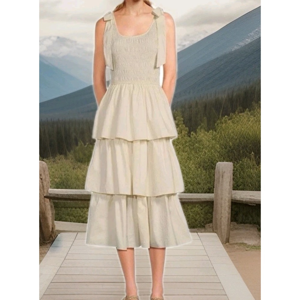 Skies Are Blue Poplin Square Neck Tie Strap Sleeveless Ruffle Tiered Midi Dress